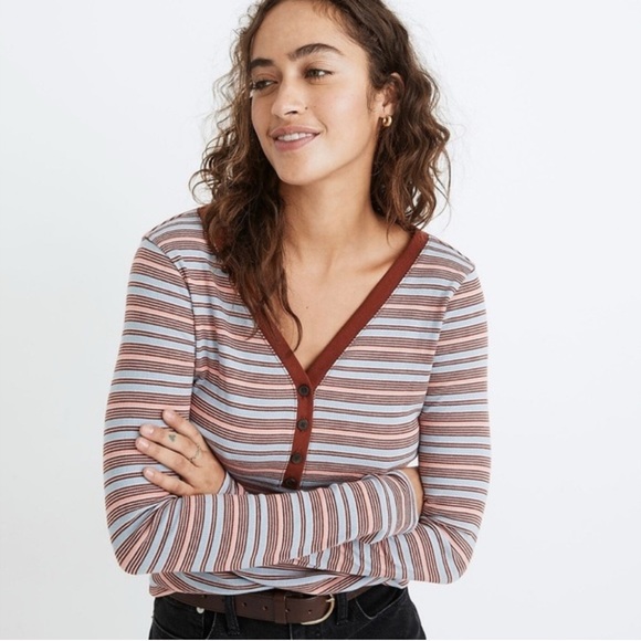 Madewell Fine Ribbed Henley Striped Long Sleeve Top Size XXS - Picture 9 of 9